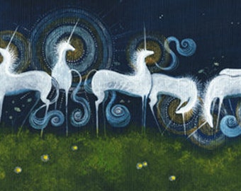 Unicorns Giclee Print, Dark Blue Sky Art, Limited Edition