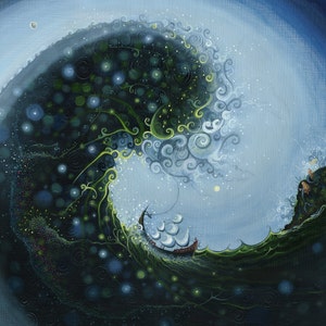 May include: A painting depicting a large, swirling wave with a ship sailing through it. The wave is a deep blue and green colour, and the ship is white with a brown sail. The background is a light blue colour.