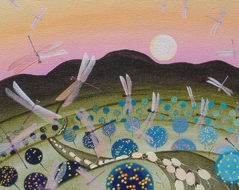 Crimson Damselflies Giclee Print, Sheep, Citrus Grove, Full Moon, Acrylic Painting
