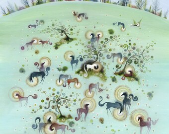 Haloed Horses Art Print, Light Green Field, Whimsical Giclee