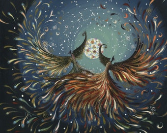 Firebirds and Flowermoon Giclée Print, Russian Myth Art