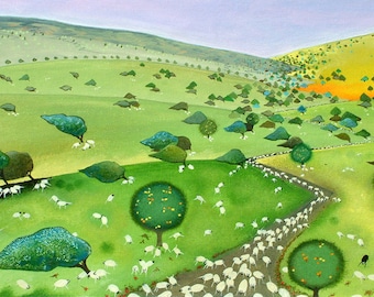 Black Sheep Giclée Print, Green Cypriot Landscape, A4 Mounted