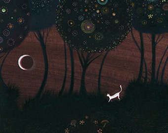 Mooncat Mushroom Circle Giclee Print, Citrus Grove Art