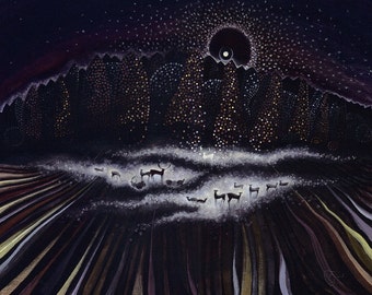 Deer in Moonlight Giclee Print, Mystical Winter Scene