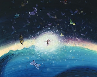 Butterfly Transformation Art Print, Woman Emerging From Water, Limited Edition