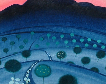 Sheep Giclée Print: Sunset Mountain Landscape, Mounted A4