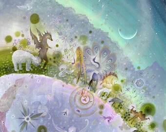 Flower Series Art Print – Whimsical Animals, Dreamy Landscape