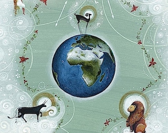 The World Tarot Card Art Print, Bull, Angel, Lion Giclee