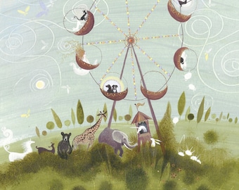 Wheel of Fortune Tarot Print, Unicorn, Animals, Giclee Art
