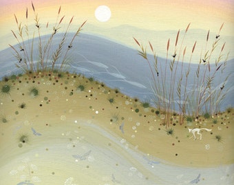 Sand Fox Giclée Print, Coastal Landscape Art (120x120mm)