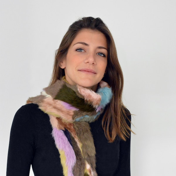 Colorful Fur Scarf for women made with real rabbit fur. Totally handmade winter scarf, really warm and stylish, a great gift for her