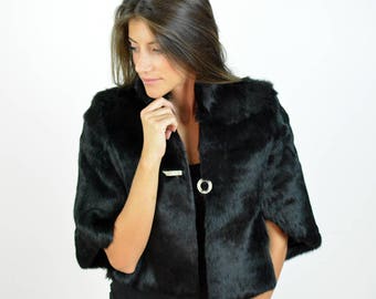 Bridal black Cape Bolero made with Rabbit Fur. Totally handmade womens fur wedding shrug, a great gift for her