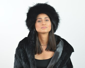 Black Fur Hat for women made with real fox fur. Totally handmade Russian hat for winter, really warm and stylish, a great gift for her