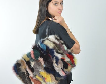 Fur clutch bag for women made of colorful fox fur in large size. A great evening bag and a great gift for her. FREE SHIPPING BAG