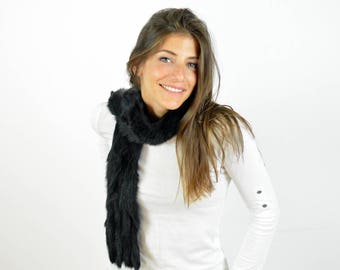 Black Fur Scarf for women made with real rabbit fur. Totally handmade winter scarf, really warm and stylish, a great gift for her