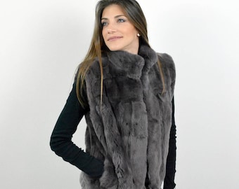 Women Fur Vest made with Gray Rex Rabbit fur and inner line with flowers. Handmade Women Sleeveless Jacket, a great gift for her