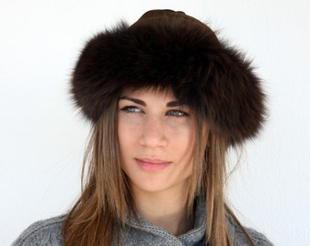 Brown Fur Hat for women made with real fox fur and suede leather on top. Handmade Russian hat for winter, really warm, a great gift for her