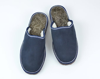 Leather slippers for men made of blue leather on top and white fur inside for extra warmth, totally handmade. A great gift for him or dad