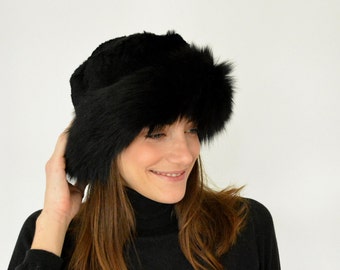 Black Fur Hat, Real Fox Fur Hat, Fur Hat Women, Gift for Her, Womens Winter Hat, Warm Hat, Winter Hat, Black Hat, Rabbit Fur Hat , Trapper