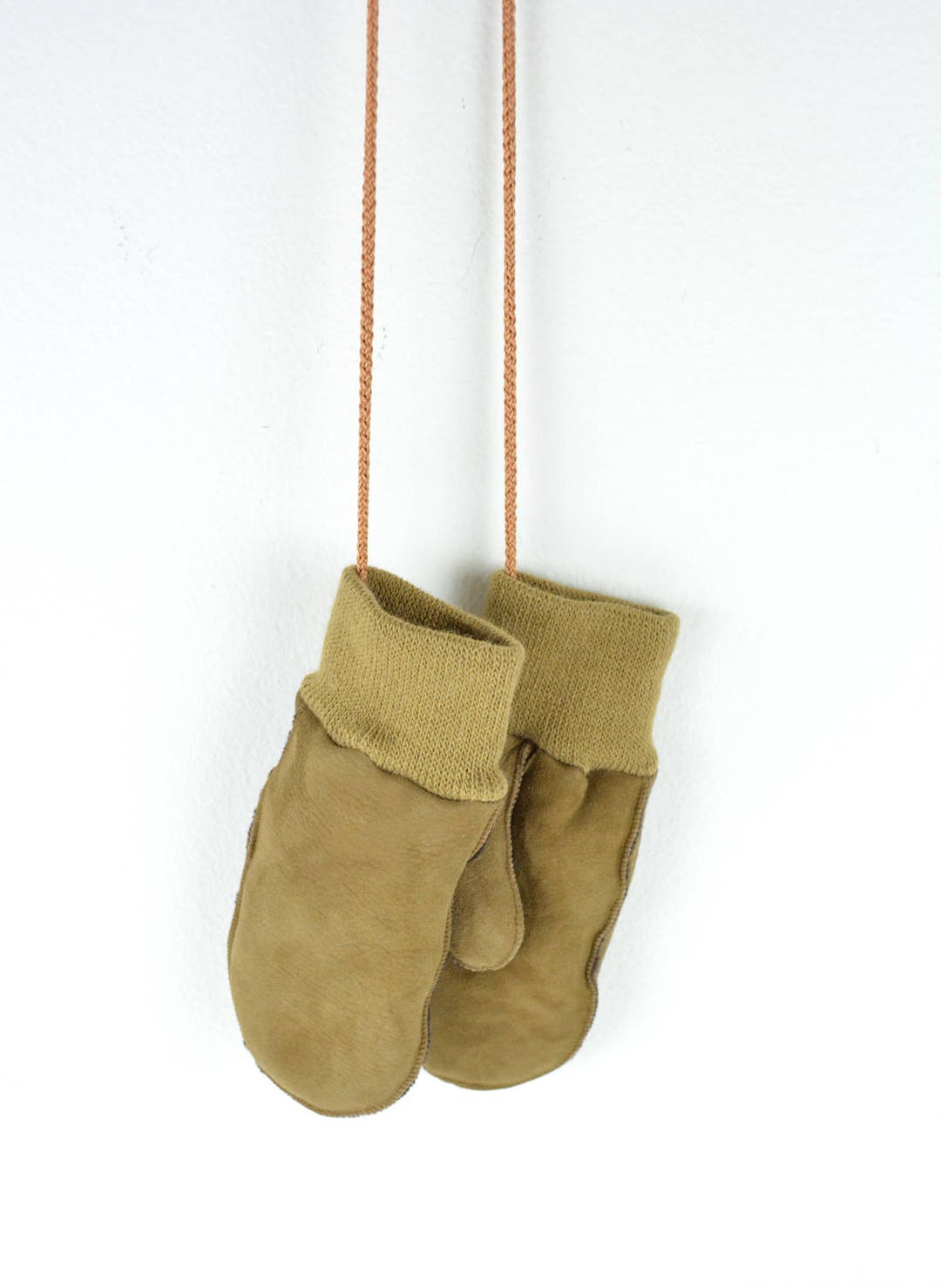Baby Mittens Made With Brown Leather, Wool Inner Lining and String to