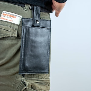 Cartera larga de piel para hombre confeccionada en piel vacuno en color negro. Cartera cinturón totalmente hecha a mano, una cartera de viaje, un gran regalo para él.