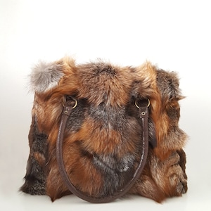 Shoulder Bag for women made with real brown fox fur and leather shoulder belts. Totally handmade womens handbag, a great gift for her image 4