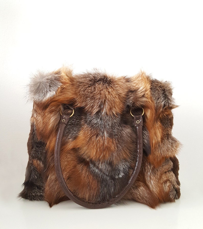 Shoulder Bag for women made with real brown fox fur and leather shoulder belts. Totally handmade womens handbag, a great gift for her image 4