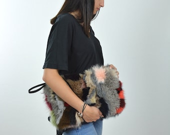 Fur clutch bag for women made of colorful fox fur in medium size. A great evening bag and a great gift for her. FREE SHIPPING BAG