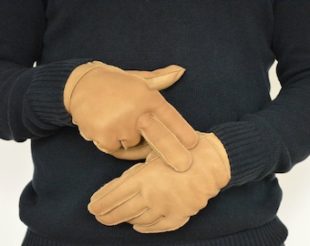 Men's Beige Sheepskin Winter Gloves, Wool Lined Nappa Leather, Soft and Warm