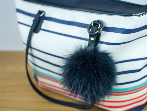 Fox Fur Pom Pom keychain, black and purple strings Purple Fox Fur Pompom Keychain, Handmade Bag Charm - Etsy main image 4