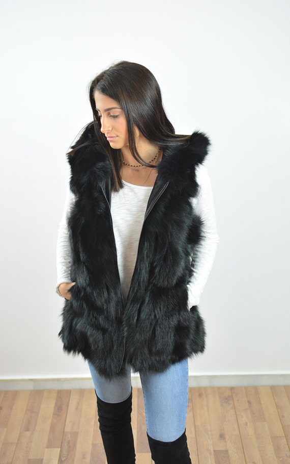 Black fur vest womens sales