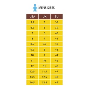 May include: A chart showing men's shoe sizes in US, UK, and EU sizes. The chart is yellow with brown borders and a blue stick figure icon at the top.