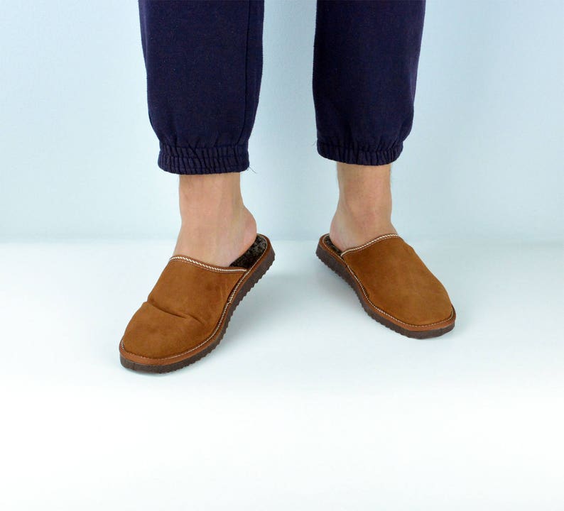 Men slippers made of sheepskin tan brown leather on top and white fur inside for extra warmth, totally handmade. A great gift for him or dad image 8