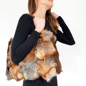 Shoulder Bag for women made with real brown fox fur and leather shoulder belts. Totally handmade womens handbag, a great gift for her image 3