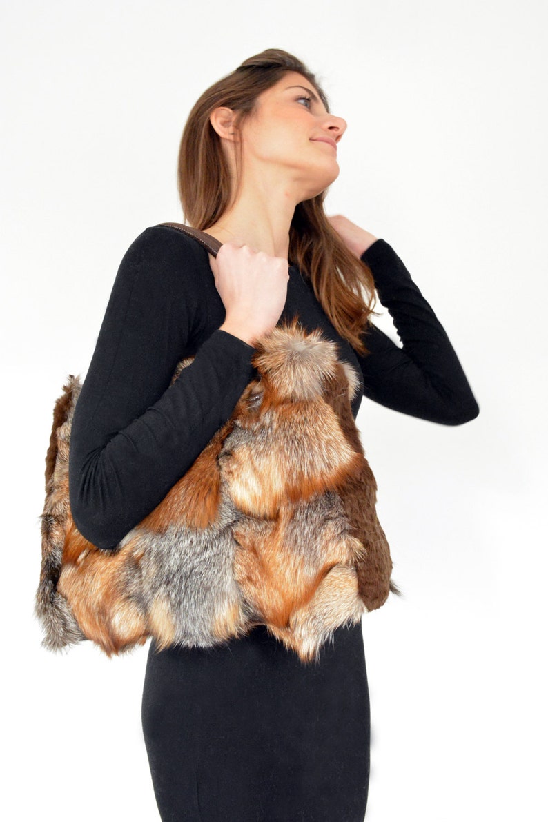 Shoulder Bag for women made with real brown fox fur and leather shoulder belts. Totally handmade womens handbag, a great gift for her image 3