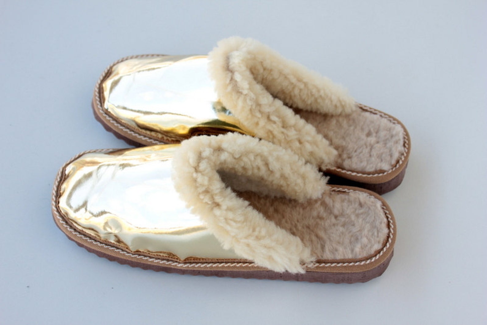 Women Gold Slippers Made of Leather and Fur on Top. the Inside Etsy