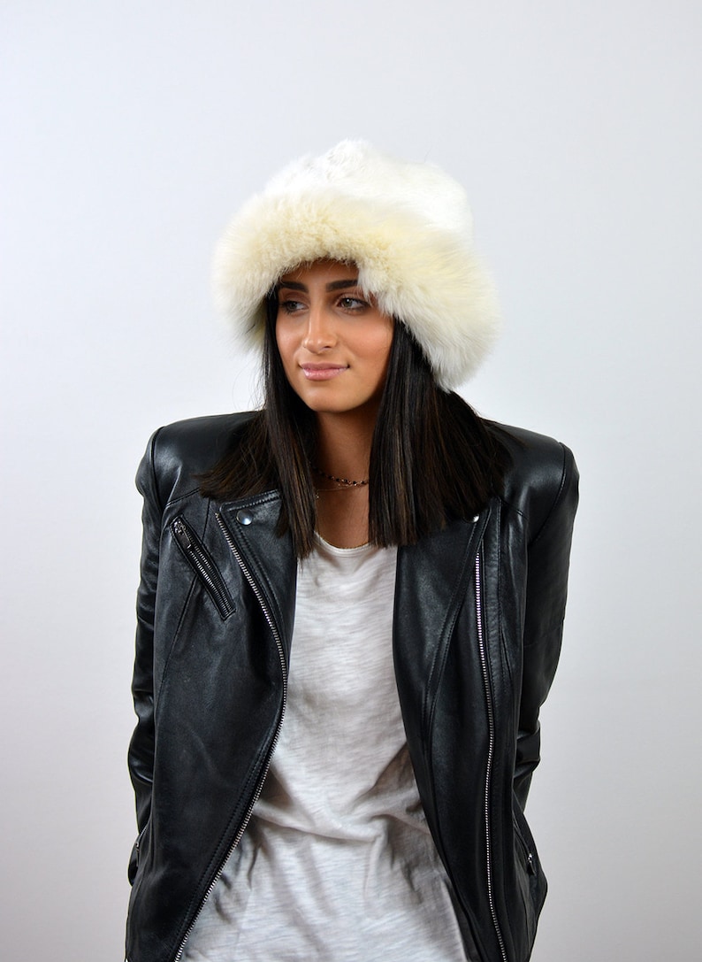 White Fur Hat for women made with real fox fur. Totally Etsy
