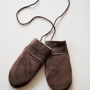 Baby mittens made with brown leather, wool inner lining and string to attach them. Totally handmade, really cute, a great gift for kids image 4