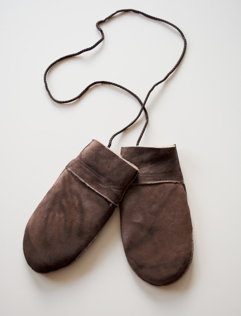 Baby mittens made with brown leather, wool inner lining and string to attach them. Totally handmade, really cute, a great gift for kids image 4