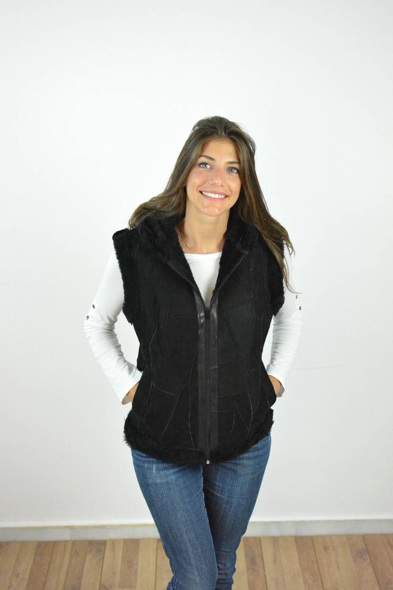 Black Sleeveless Jacket for Women With Hoodie Made of Genuine Etsy