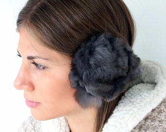 Fur Earmuffs made with gray rex rabbit fur for the winter. Really warm, soft and stylish Fur Earmuffs, a great gift for her