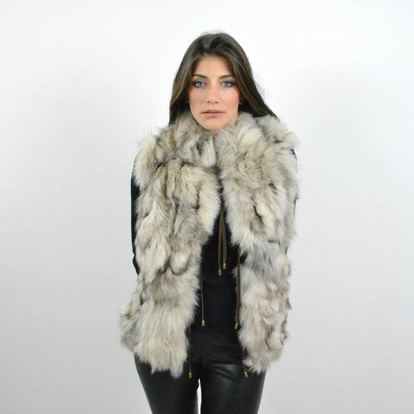 Women Fur Vest made with Gray Fox fur and black inner lining. Handmade Women Sleeveless fur Jacket, a great gift for her