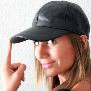 Black Baseball Cap for women made with sheep leather. Totally handmade baseball hat, a great gift for her