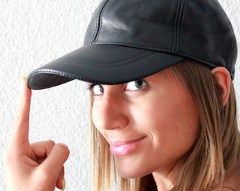 Black Baseball Cap for women made with sheep leather. Totally handmade baseball hat a great gift for her