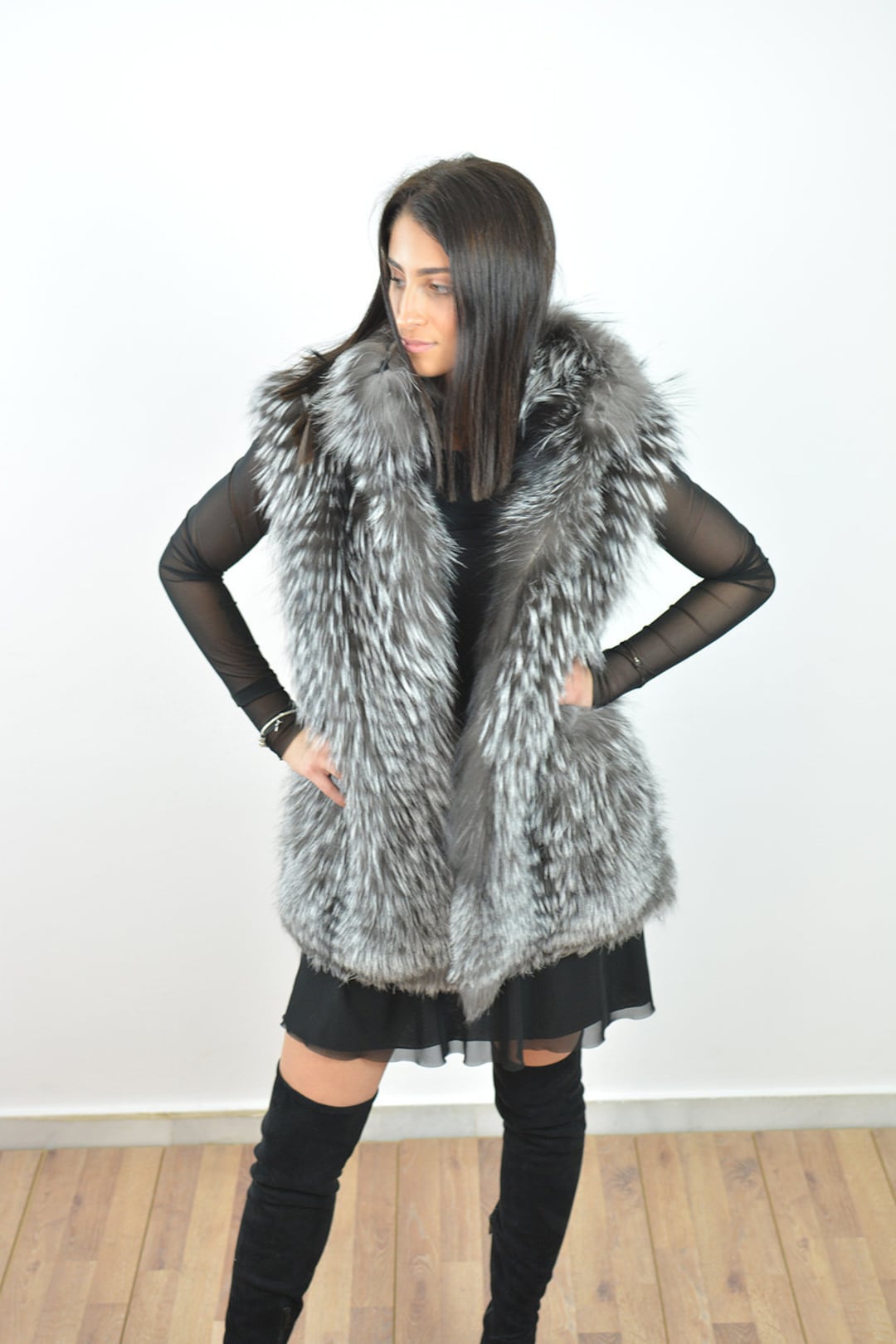 Women Fur Vest Made With Gray Rizante Fox Fur and Black Inner