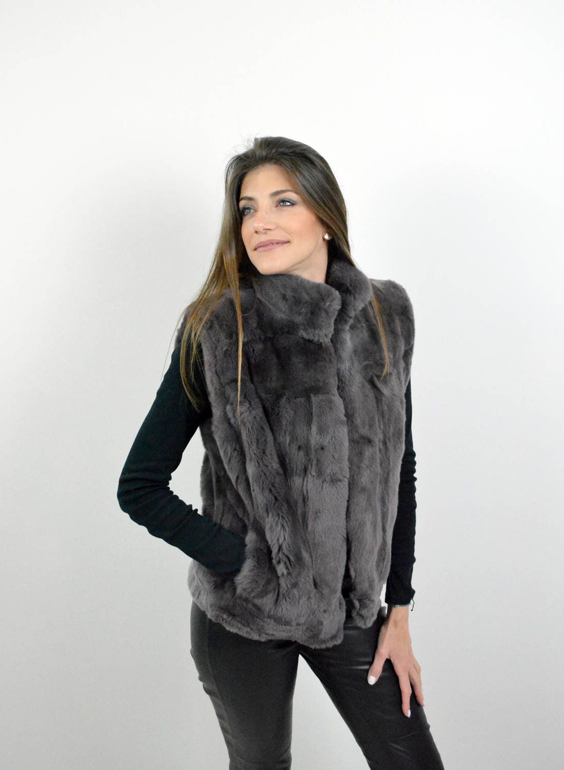 Ash Grey Hooded Rabbit Fur Vest with Tied Narrow Belt - Small at   Women's Coats Shop