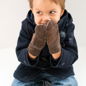 Baby mittens made with brown leather, wool inner lining and string to attach them. Totally handmade, really cute, a great gift for kids image 1