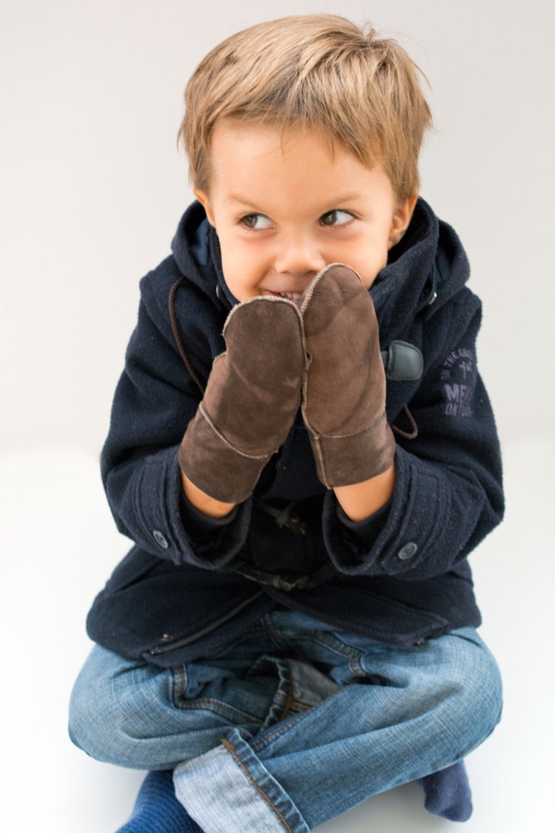 Baby mittens made with brown leather, wool inner lining and string to attach them. Totally handmade, really cute, a great gift for kids image 1