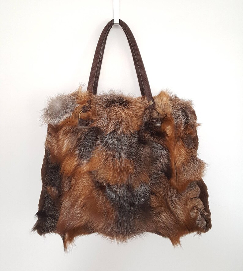 Shoulder Bag for women made with real brown fox fur and leather shoulder belts. Totally handmade womens handbag, a great gift for her image 7