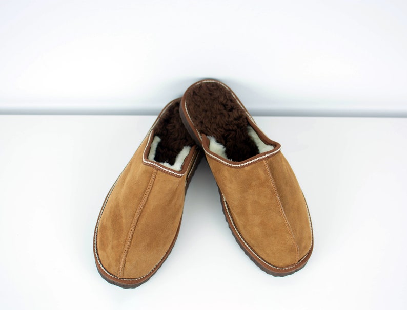 May include: A pair of brown suede slippers with a white sheepskin lining. The slippers have a closed toe and a rounded shape.